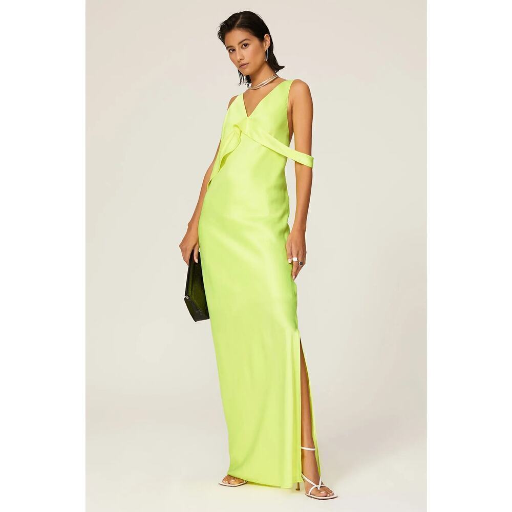 Helmut Lang Ruffle Sash Dress Satin Sleeveless V-Neck Maxi Gown Neon Yellow 4